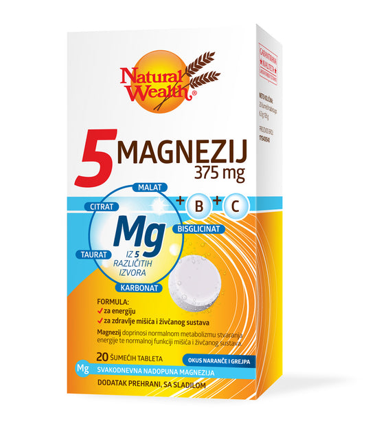 Natural Wealth - 5 MAGNEZIJ 375 mg + B + C ŠUMEČE TABLETE